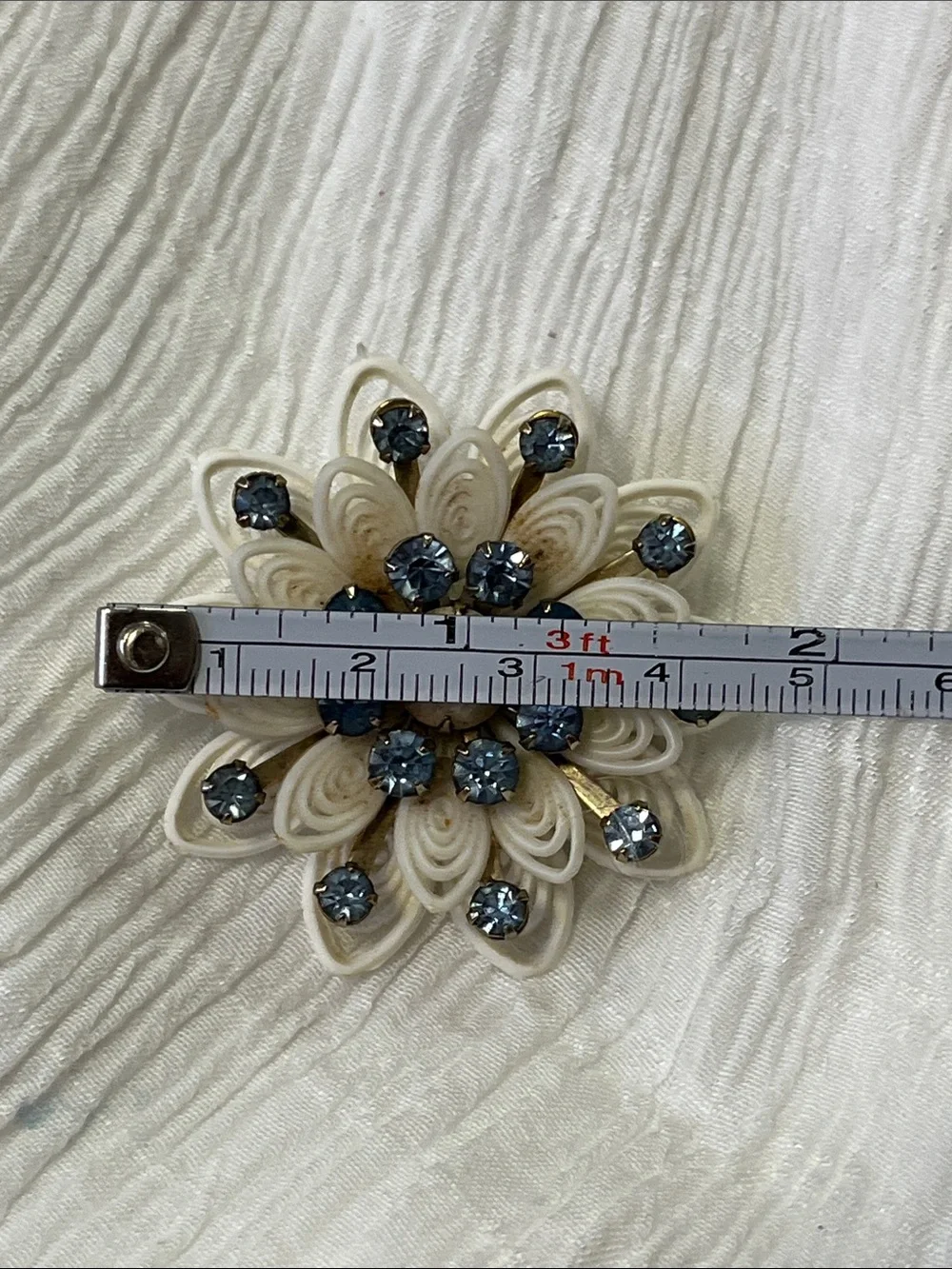 Antique Cream Floral Brooch with Blue Rhinestones